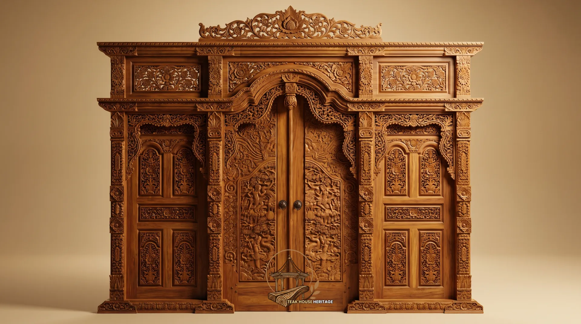 Ornate Crown Relief Teak Wood Gebyok