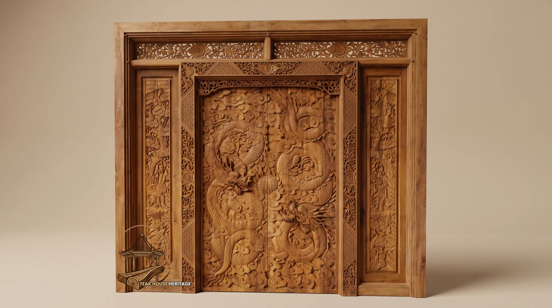 Hand-Carved Mythical Dragon Solid Teak Door Panel