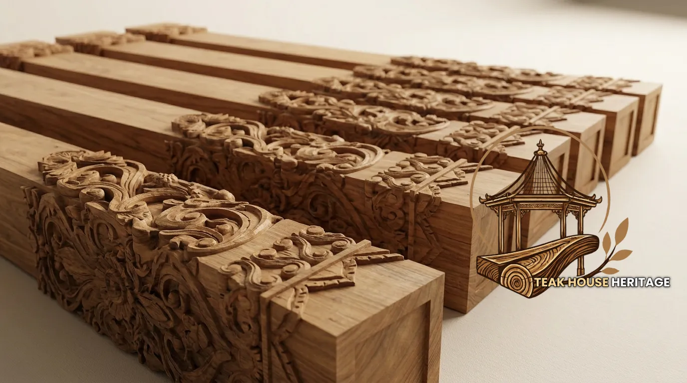 Hand-Carved Relief Solid Teak Wood Soko Pillar