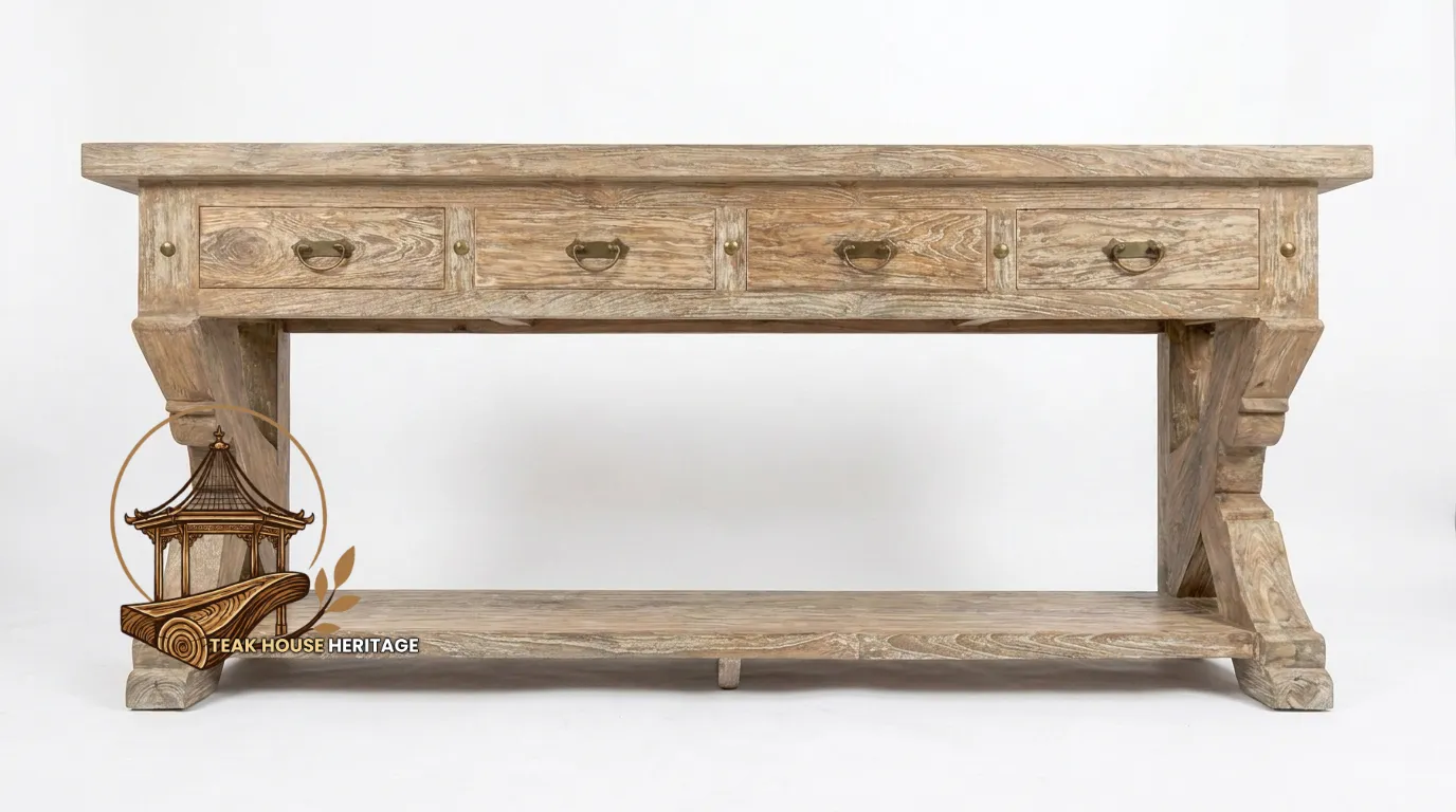 Four-Drawer Rustic Reclaimed Teak Wood Console Table