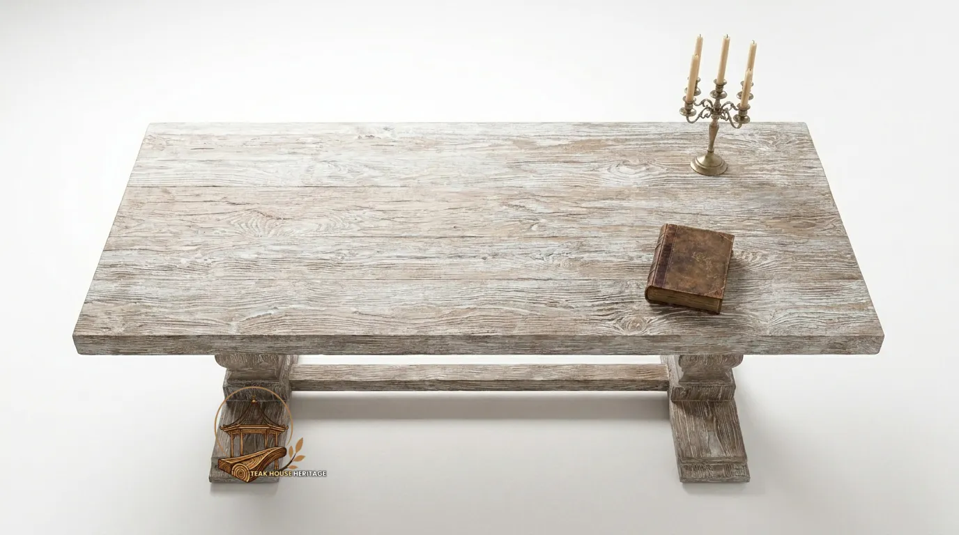 Weathered Finish Trestle Solid Teak Wood Dining Table